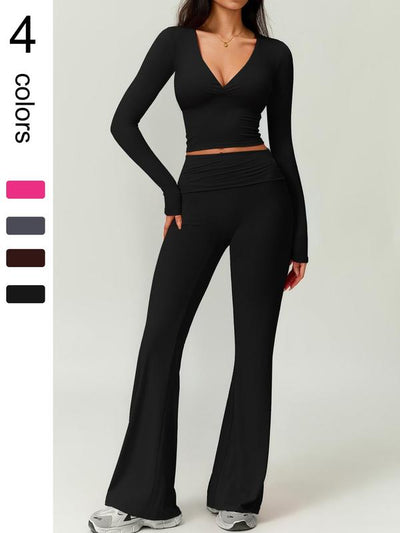 Deep V-Neck Long Sleeve High Waisted Flared Pants Set