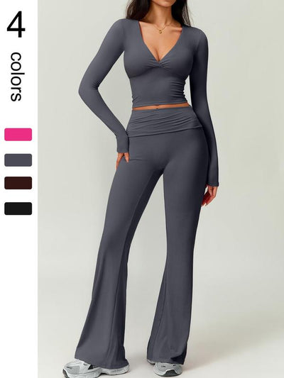 Deep V-Neck Long Sleeve High Waisted Flared Pants Set