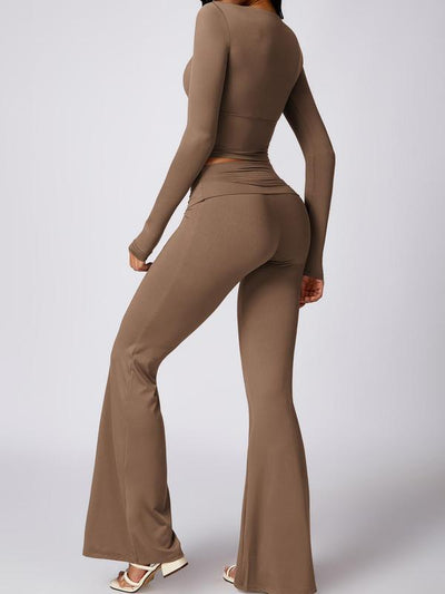 Deep V-Neck Long Sleeve High Waisted Flared Pants Set