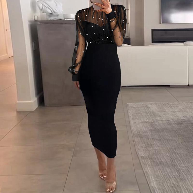 Mesh Beaded Patchwork Long Sleeve Dress