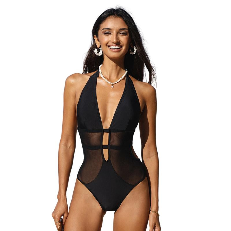 Deep V-neck halter back swimsuit