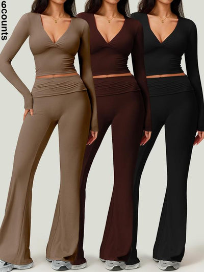 Deep V-Neck Long Sleeve High Waisted Flared Pants Set