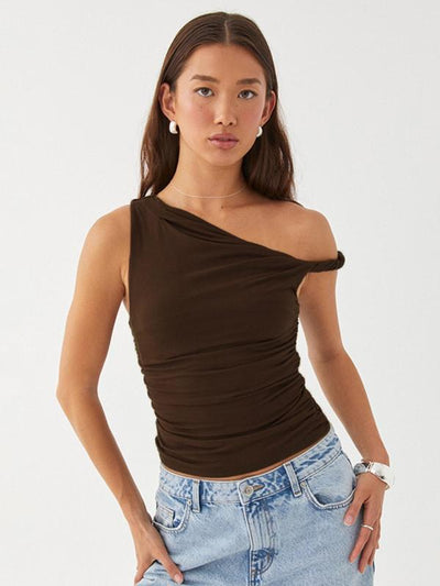 Solid Color One Shoulder Slant Neck Slimming Top