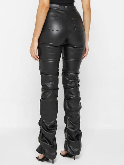 Female Faux Leather Folds Zipper Fashion Leggings