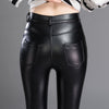 Female PU Faux Leather Fleece Pocket Elastic Tight Leggings