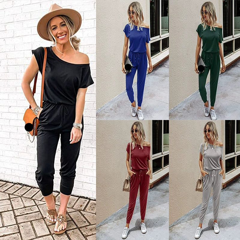 Slanted Shoulder Short Sleeve Pocket Jumpsuit