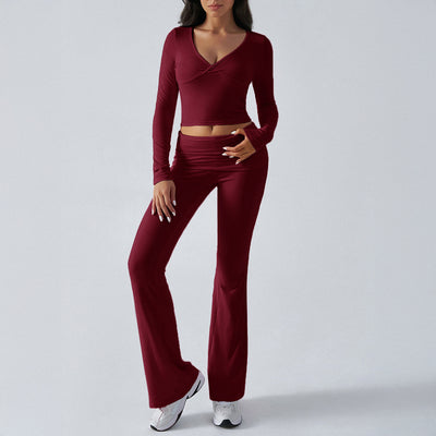 Deep V-Neck Long Sleeve High Waisted Flared Pants Set