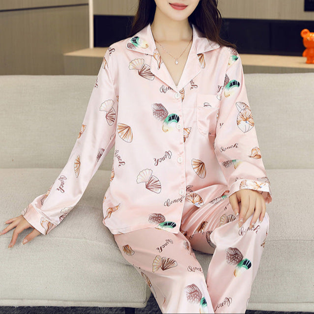 Printed Collar Long Sleeve Shirt 2 Piece Pajama Set