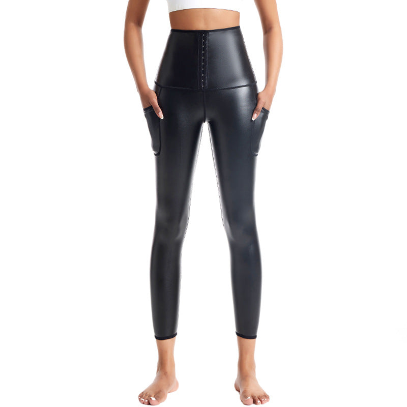 Female Faux Leather Corset Pocket Leggings