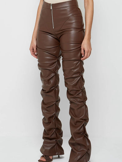 Female Faux Leather Folds Zipper Fashion Leggings