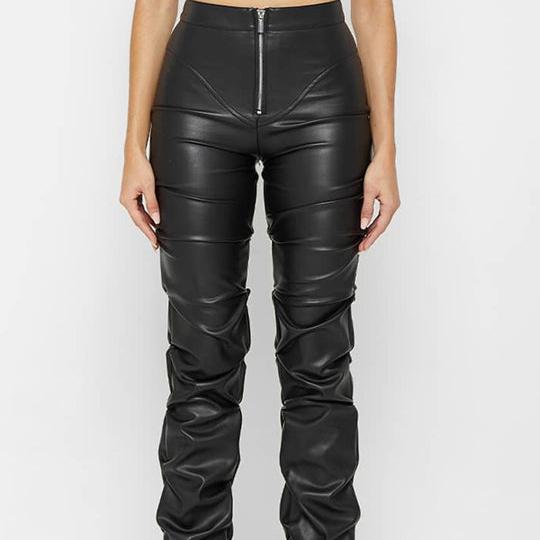 Female Faux Leather Folds Zipper Fashion Leggings