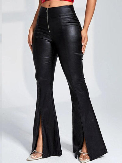 Female Faux Leather Pocket Split Flare Leggings