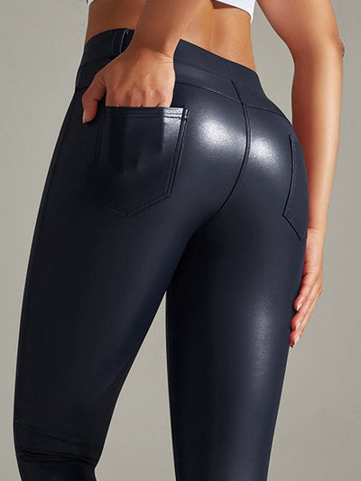 Female Pocket PU Faux Leather Leggings