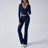 Deep V-Neck Long Sleeve High Waisted Flared Pants Set