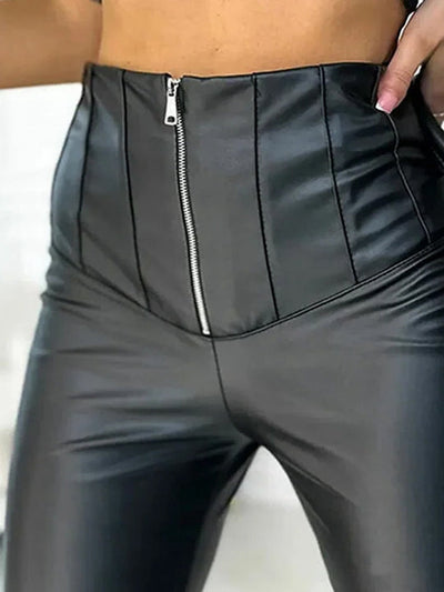 Female Faux Leather Zipper Tummy Control Leggings