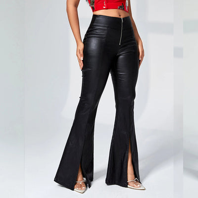 Female Faux Leather Pocket Split Flare Leggings