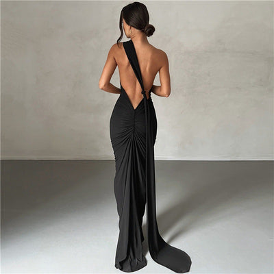 Slant Shoulder Backless Hollow Out Dress