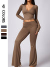 Deep V-Neck Long Sleeve High Waisted Flared Pants Set