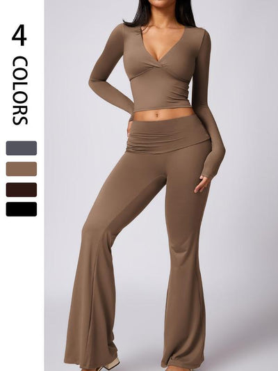 Deep V-Neck Long Sleeve High Waisted Flared Pants Set