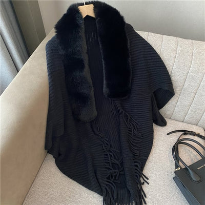 🔥Winter Knit Fringe Fur Collar Shawl