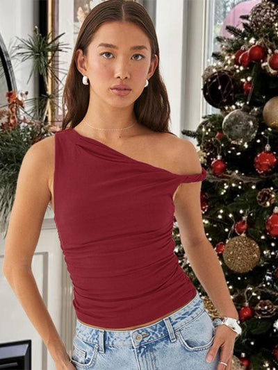 Solid Color One Shoulder Slant Neck Slimming Top