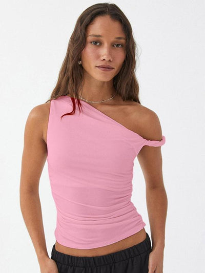 Solid Color One Shoulder Slant Neck Slimming Top